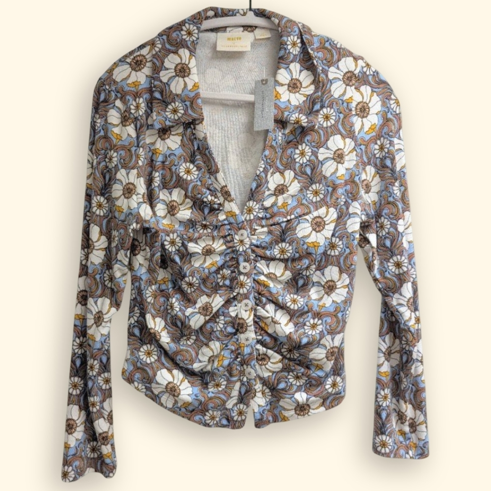 Anthropologie Maeve Floral Ruched Shirt, L Petite